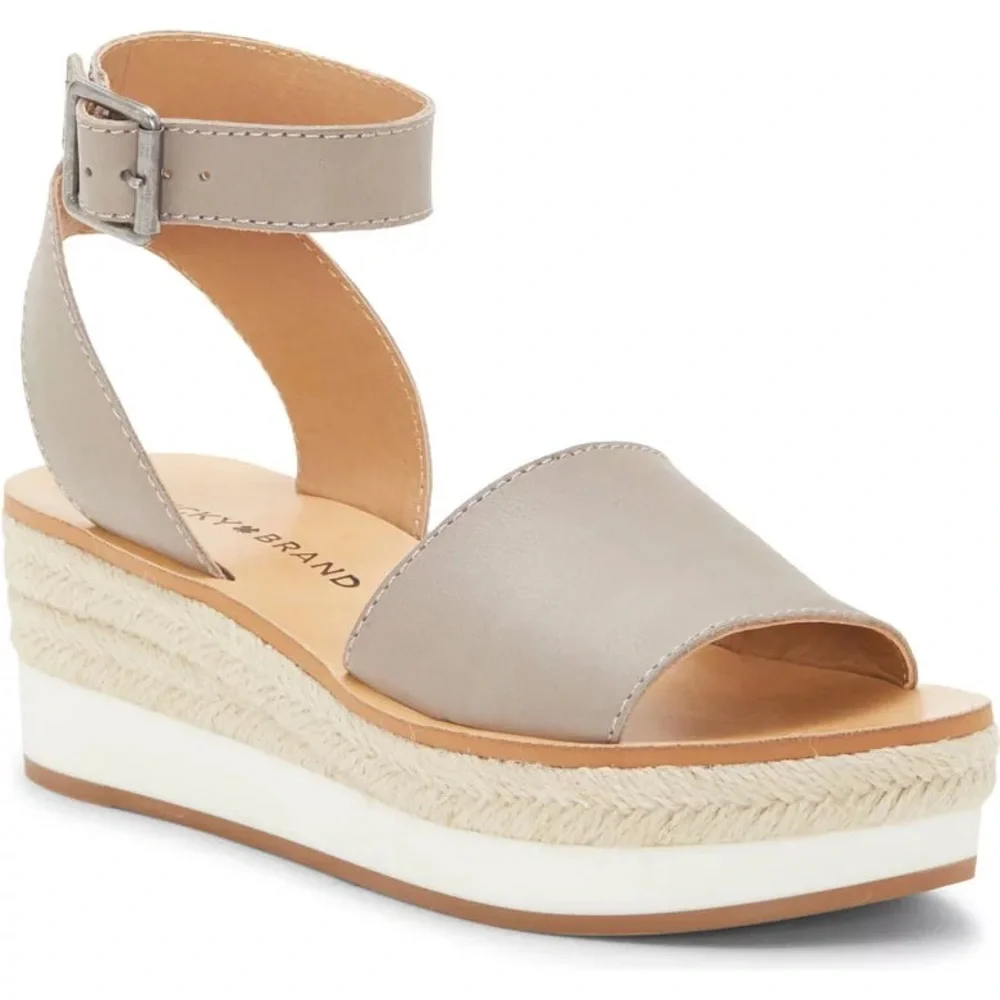 Lucky Brand Joodith Platform Leather Wedge Sandal - Tan, Size 8 - Picture 1 of 7